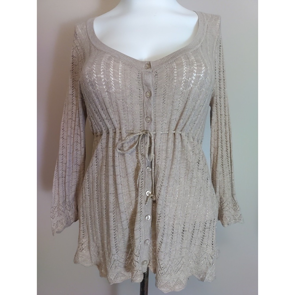 DKNY Women Beige Open Knit Tinsel Button Down Tie Waist Sweater Size Xl